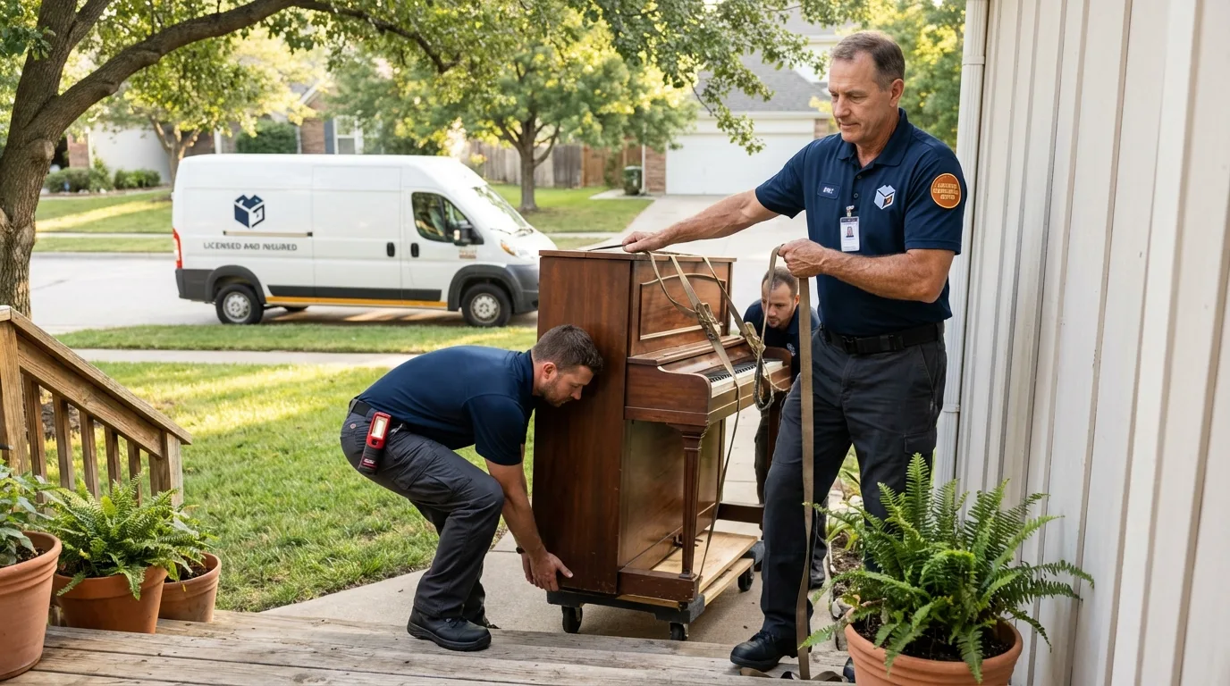 Licensed piano movers securing grand piano in Troy, OH