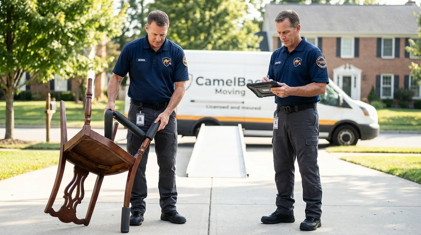 Movers inspecting furniture for damage prevention before loading in Troy, OH